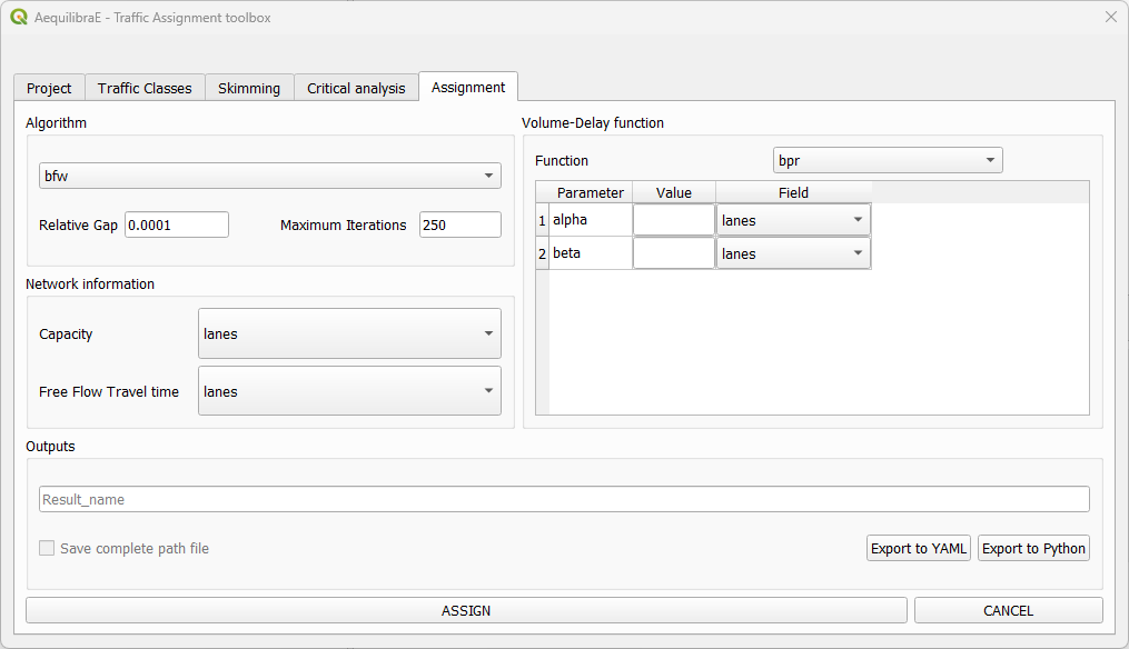 Traffic assignment perform assignment tab